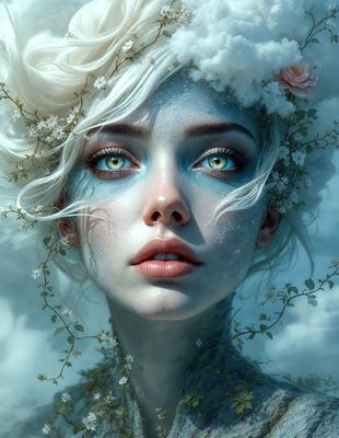 The primary subject of the image is a woman with white hair, blue eyes, and a blue-green face. She is wearing a flower crown and has a blue-green makeup on her face. The setting is a cloudy sky, and the visual style is a digital art or illustration. The colors and mood of the image are predominantly blue and green, creating a serene and dreamy atmosphere.